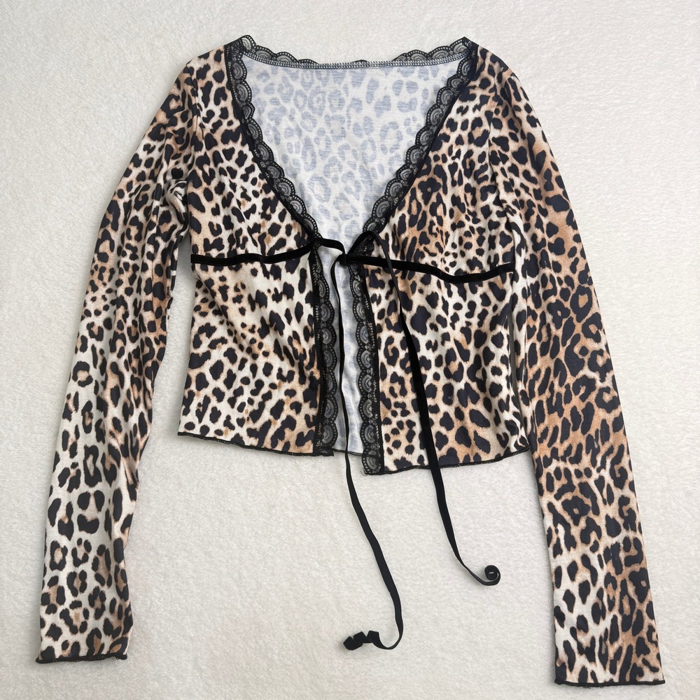 Leopard Print Tie Front Crop‎ Top Womens Tag L (Medium Fit) Brown Black Lace